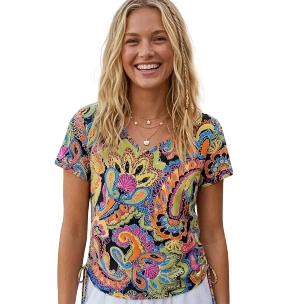 Caribbean Joe Tropical Knit Top Womens Large Colorful Fish Seashells Paisley Tee